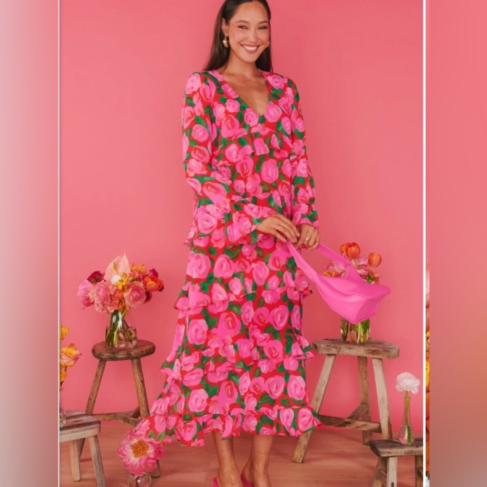 Show Me Your Mumu- Pink Floral V-Neck Long Sleeve Maxi Dress